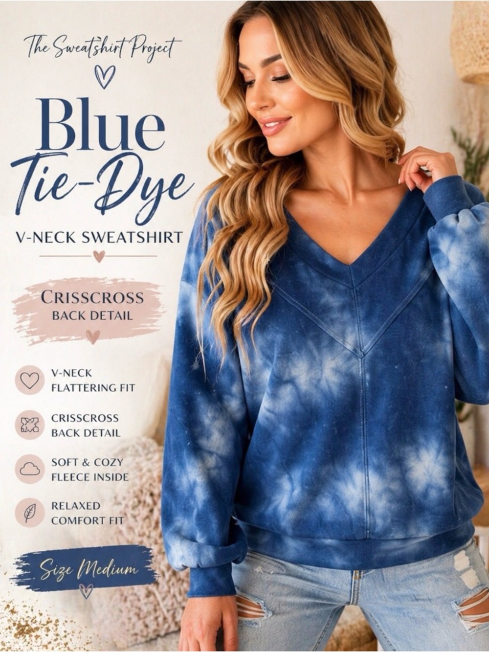 The Sweatshirt Project Blue Tie-Dye V-Neck Sweatshirt Medium